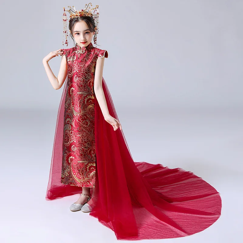 

Детское платье Cheongsam, костюм Тан для девочек, Ханьфу, сценическое шоу, хвост, национальный тренд, большие дети, древний стиль, маленькая принцесса