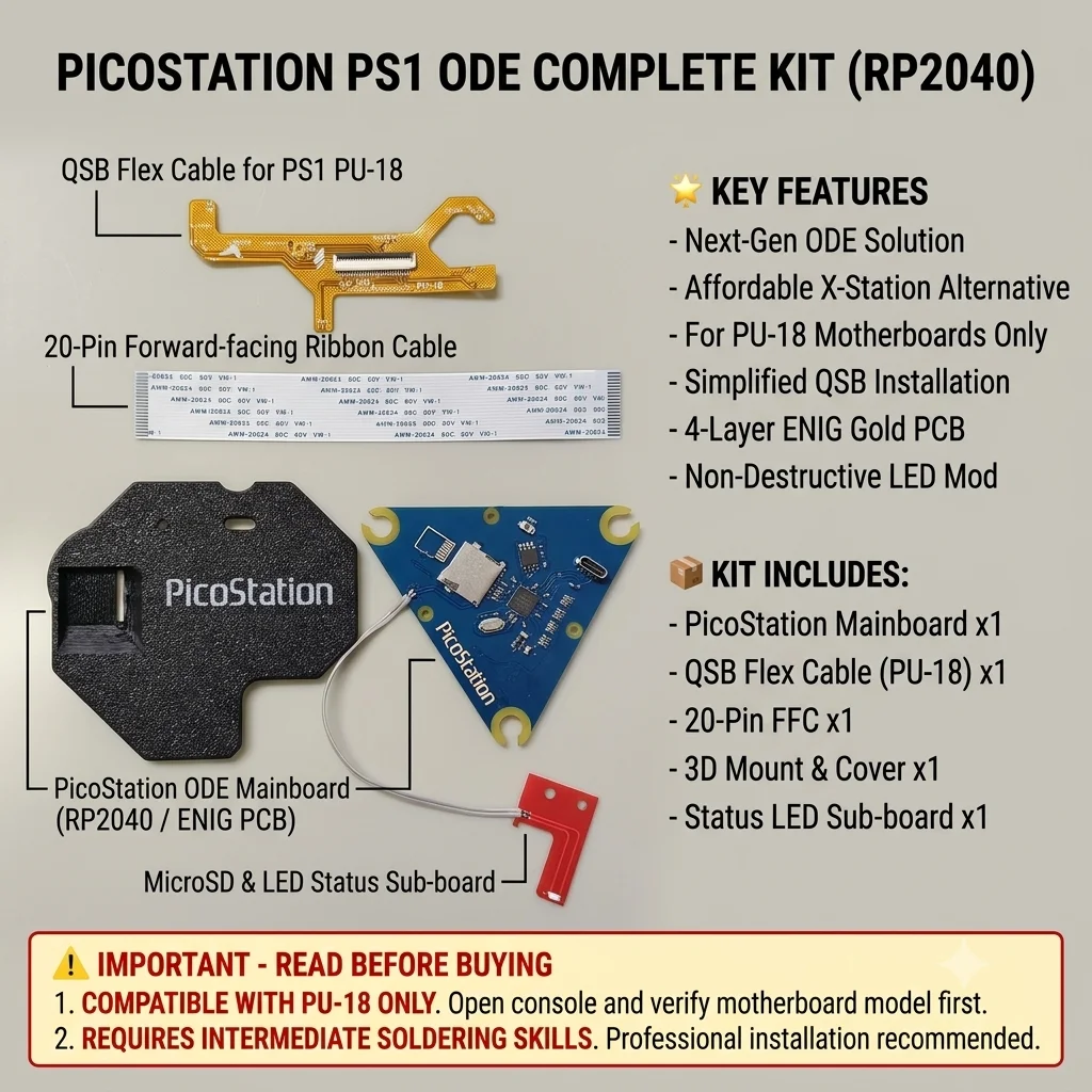 picostation-ps1-ode-kit-rp2040-optical-drive-emulator-for-pu-18-motherboard-qsb-flex-cable-3d-mount-included