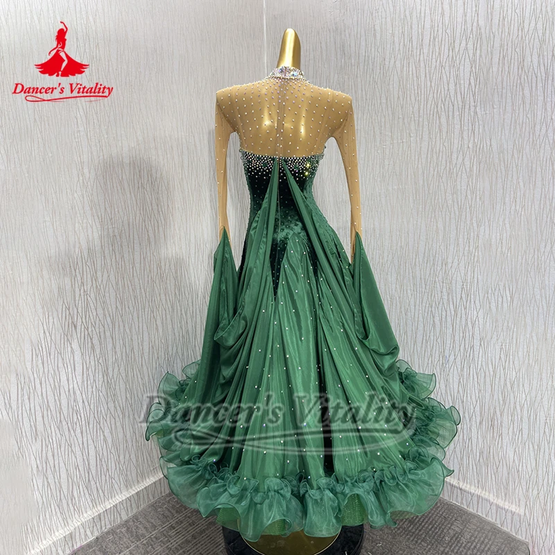 ダンサーの活力ワルツフォックストロット黒緑色ハイネック高級ABストーン優雅なドレスカスタマイズ社交ダンス服