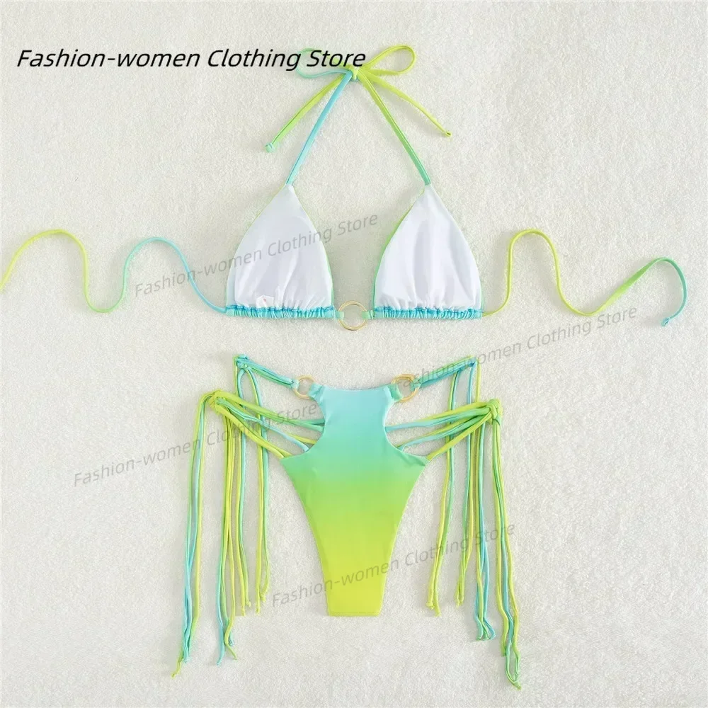 Sexy Gradient Tie Dye Print Micro Thong Bikinis Set Swimsuit String Halter Swimwear Swimming Suit for Women Bikini Mujer Biquini