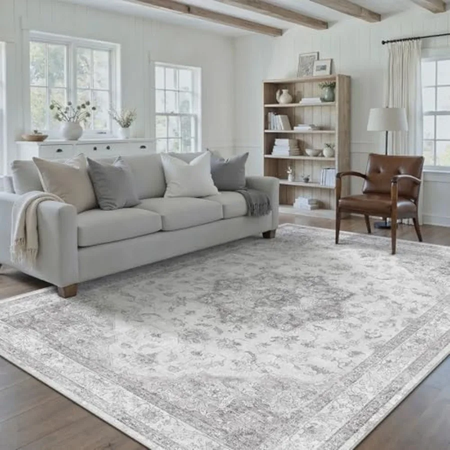 

Living room bedroom rug, grey vintage cotton blend, soft low-pile retro design, non-slip backing, 6x9 ft washable thin oriental