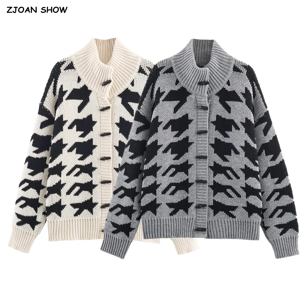 

2025 Autumn Winter Geometric Houndstooth Plaid Knitted Horn Buttons Cardigan Long Sleeve Sweater Women High Collar Knitwear Gray