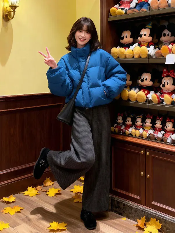 

Корейский модный комплект из двух предметов: укороченная куртка и брюки с высокой талией и широкими штанинами. Теплый осенне-зимний женский комплект одежды.