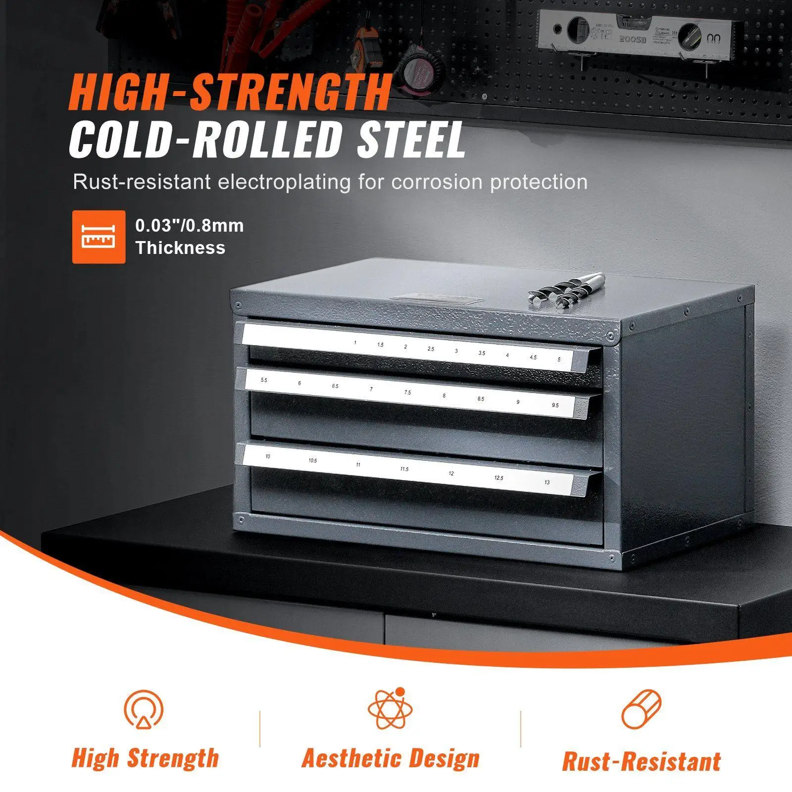 Drill Bit Organizer Cabinet 3 Drawers 1mm to 13mm Steel 29-Compartment Labeled Stackable Storage Unit