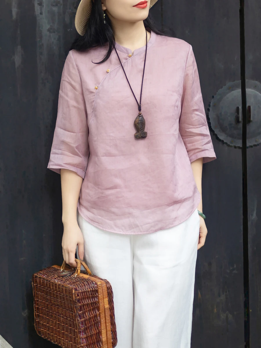 

Текстурированная женская рубашка в новом китайском стиле Цзяннань с вышивкой из конопли, художественным воротником, боковыми пуговицами, дышащая, влагоотводящая