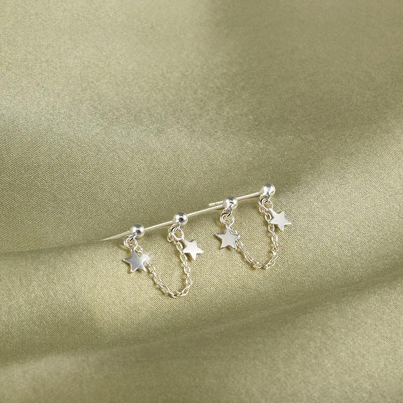 CIAXY Silver Color Star Stud Earrings for Women Romantic Tassel Ear Chain Double Pierced Earring  Jewelry Gifts