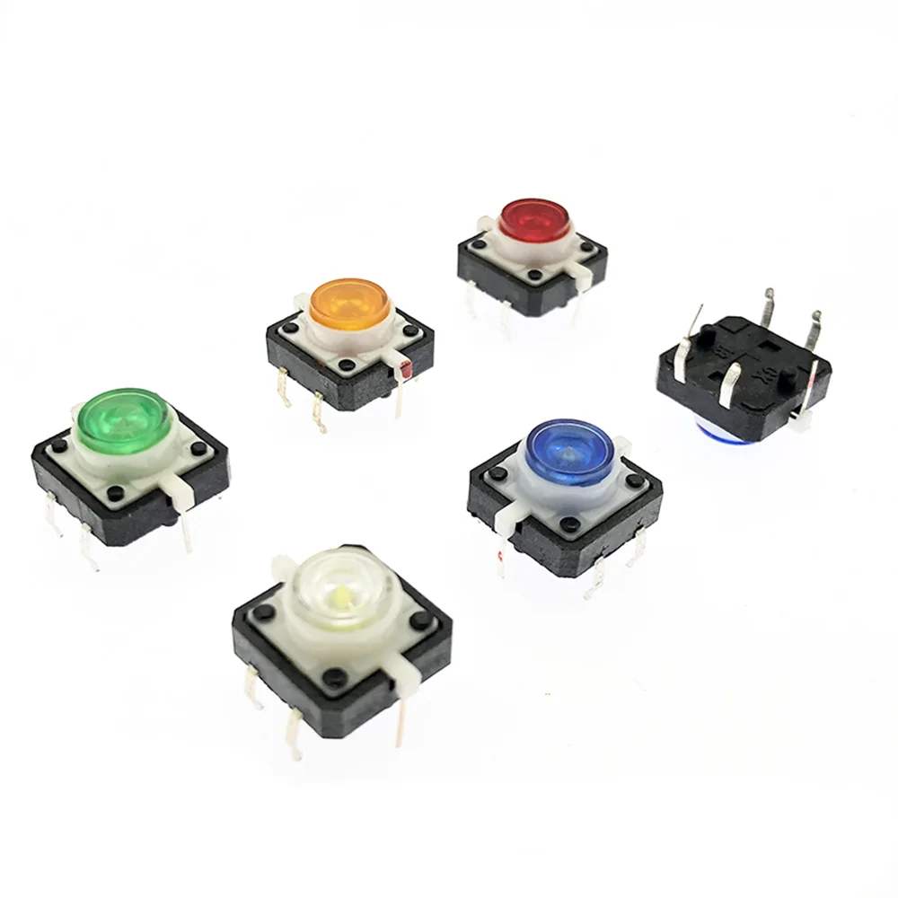 4 PIN DIP Illuminated Tact Switch 12x12x7.3mm Micro Key Power Tactile Switches with LED Light PCB Mount Solder Pin Button Switch