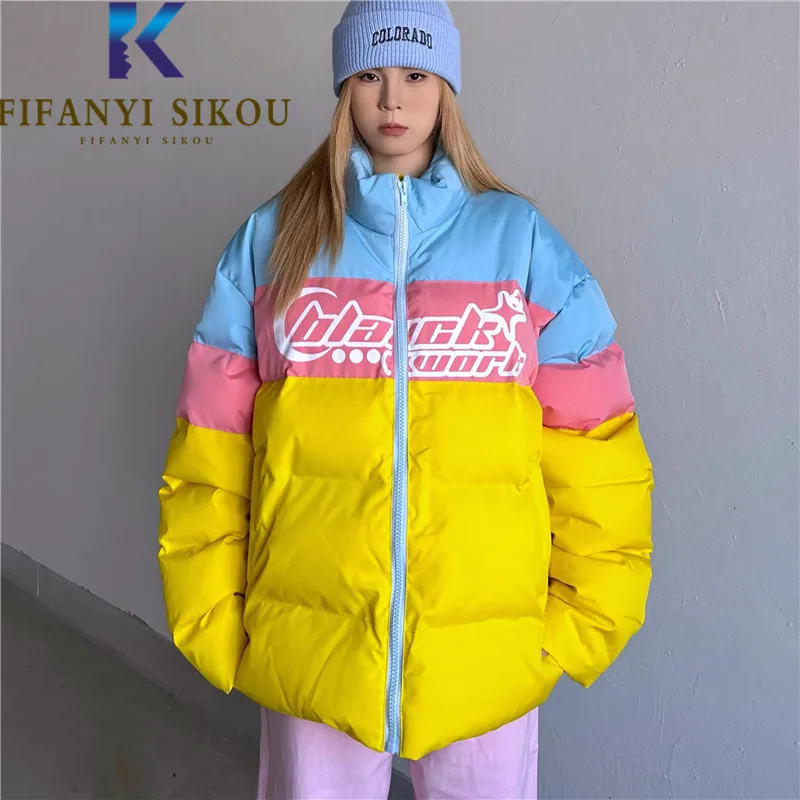 Winter Jacket Women Letter Print Patchwork Down Jacket Streetwear Loose Zipper Down Cotton Coat Thickening Warm Parka Female