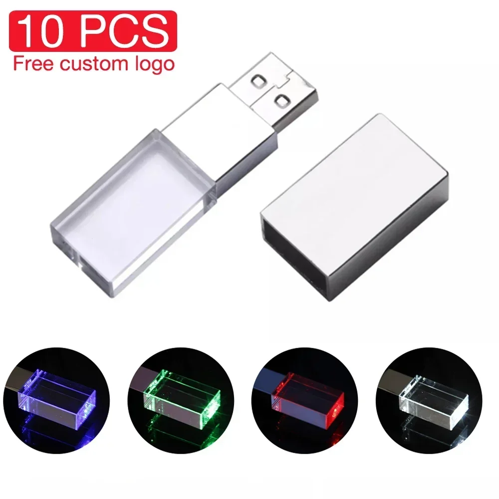 

10PCS LOT Free Custom Logo USB Flash Drive 128GB Colorful LED Crystal Memory Stick 64GB Real capacity Creative Pendrive 32GB 8GB