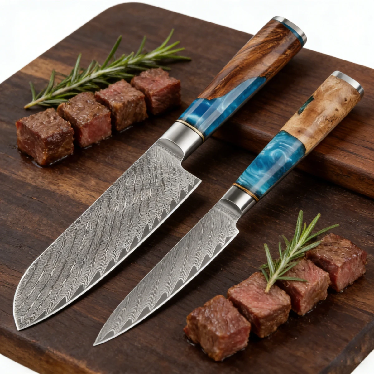 Damascus Steel High Carbon 67 Layer  Chef's Knife Blue Resin Wood Handle Kitchen Chef's Knife Three-Piece Set