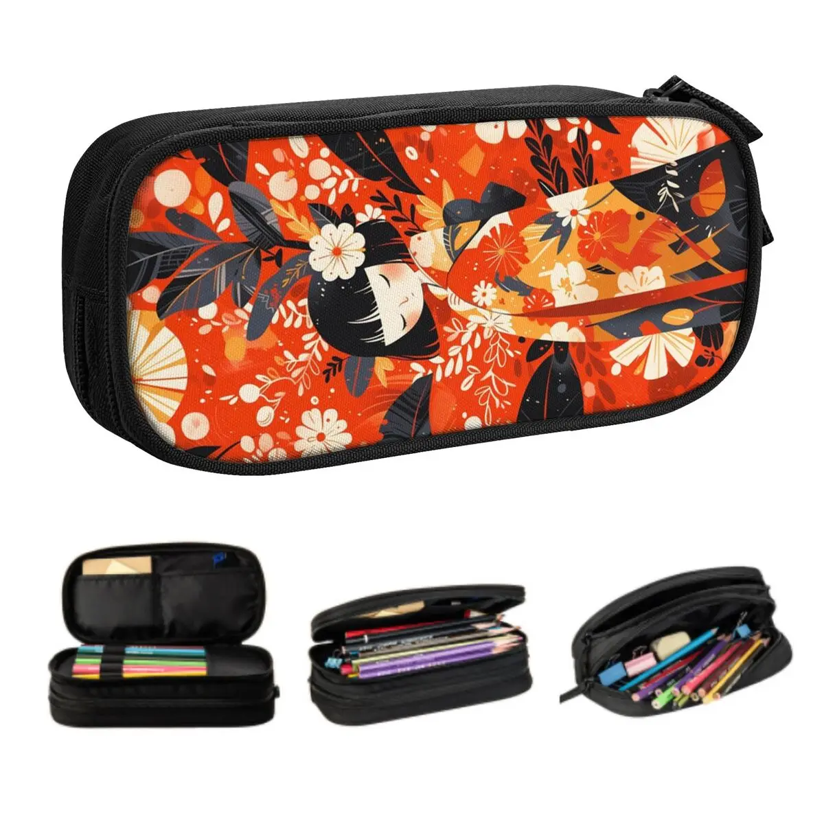 Custom Sakura Japanese Girl Kokeshi Doll Pencil Cases for Girls Boys Large Storage Pen Box Bag School Accessories
