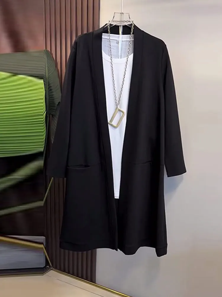 

plus Size Women's Collared Mid-Length Jacket Commute Versatile Dark Simple Slimming Open Cardigan Korean Style Frock Coat