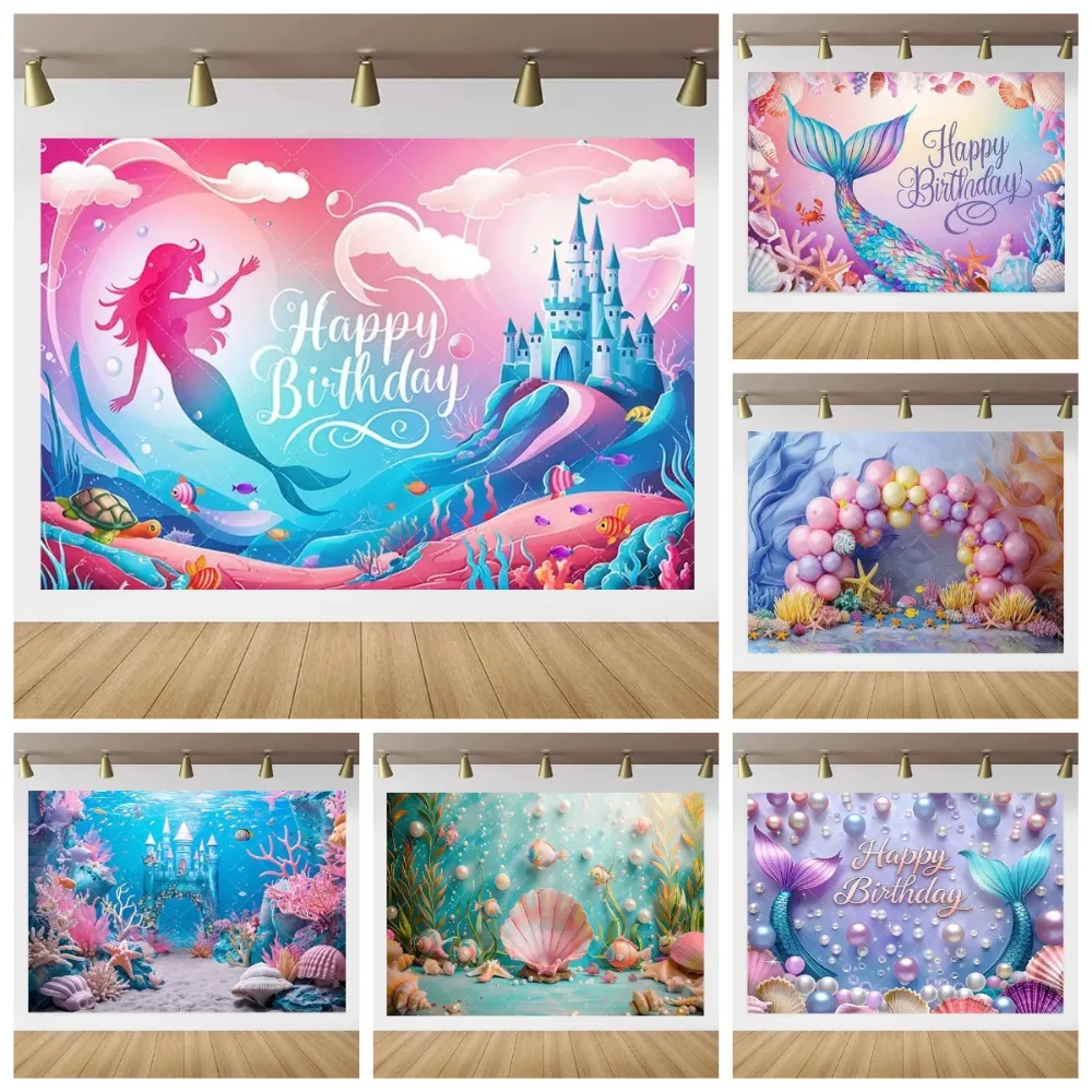 

Ocean Castle Underwater Mermaid Theme Banner Background Cloth, Children Birthday Party Decoration Photography Studio Background