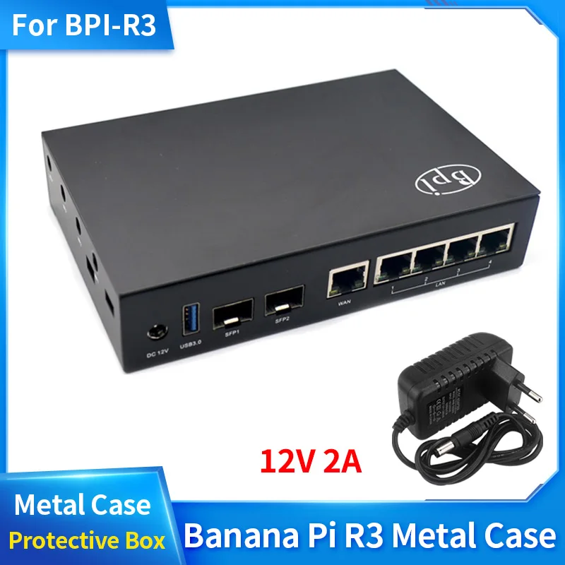 

Banana Pi BPI-R3 Metal Case Black Metal Enclouse Protection Box Optional 12V 2A Power Supply Metal Shell for Banana Pi BPI-R3