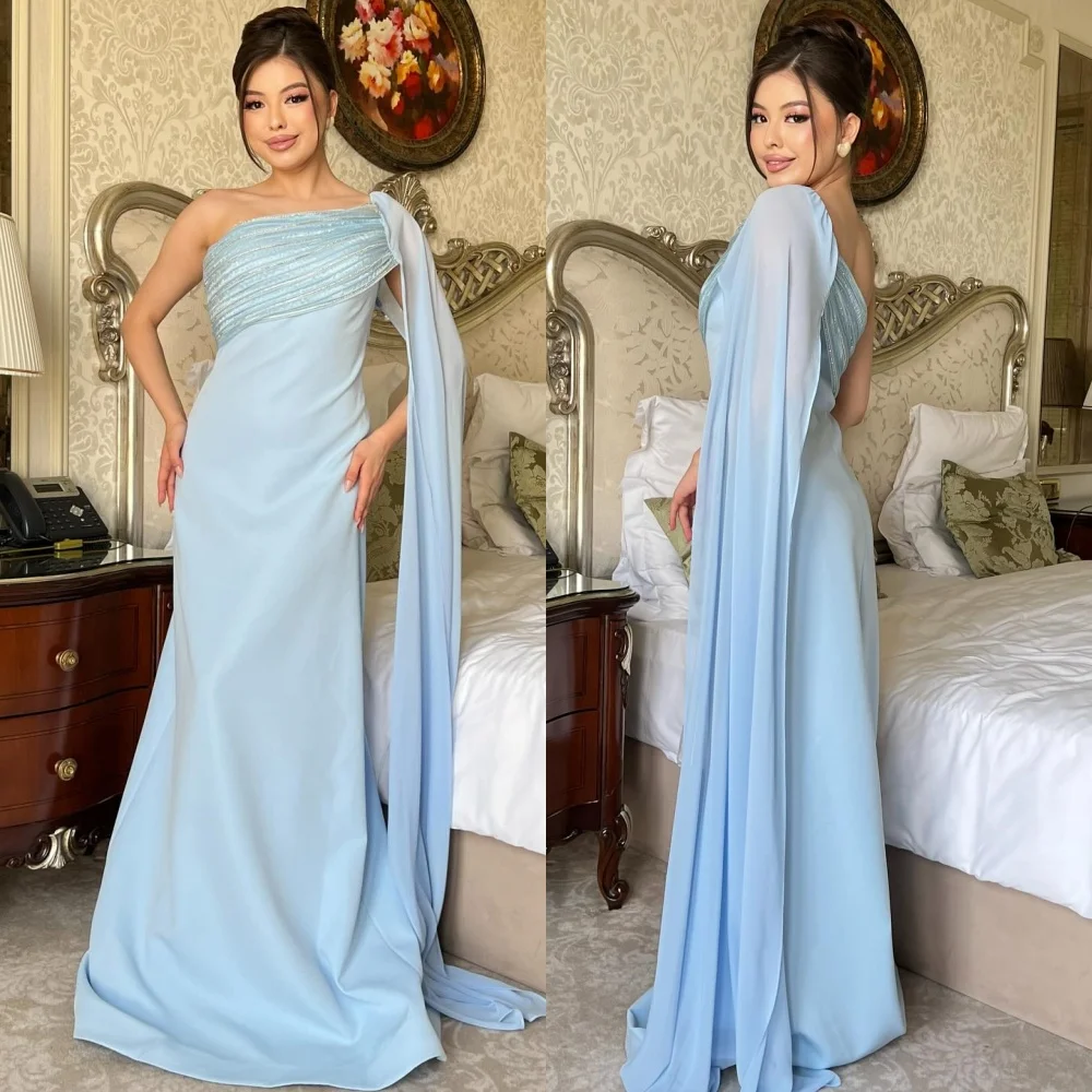 

Customized Matching Fashion Jersey Pleat Beading Sequined Straight One-shoulder Long Dresses Bespoke Occasion Dresses Casual