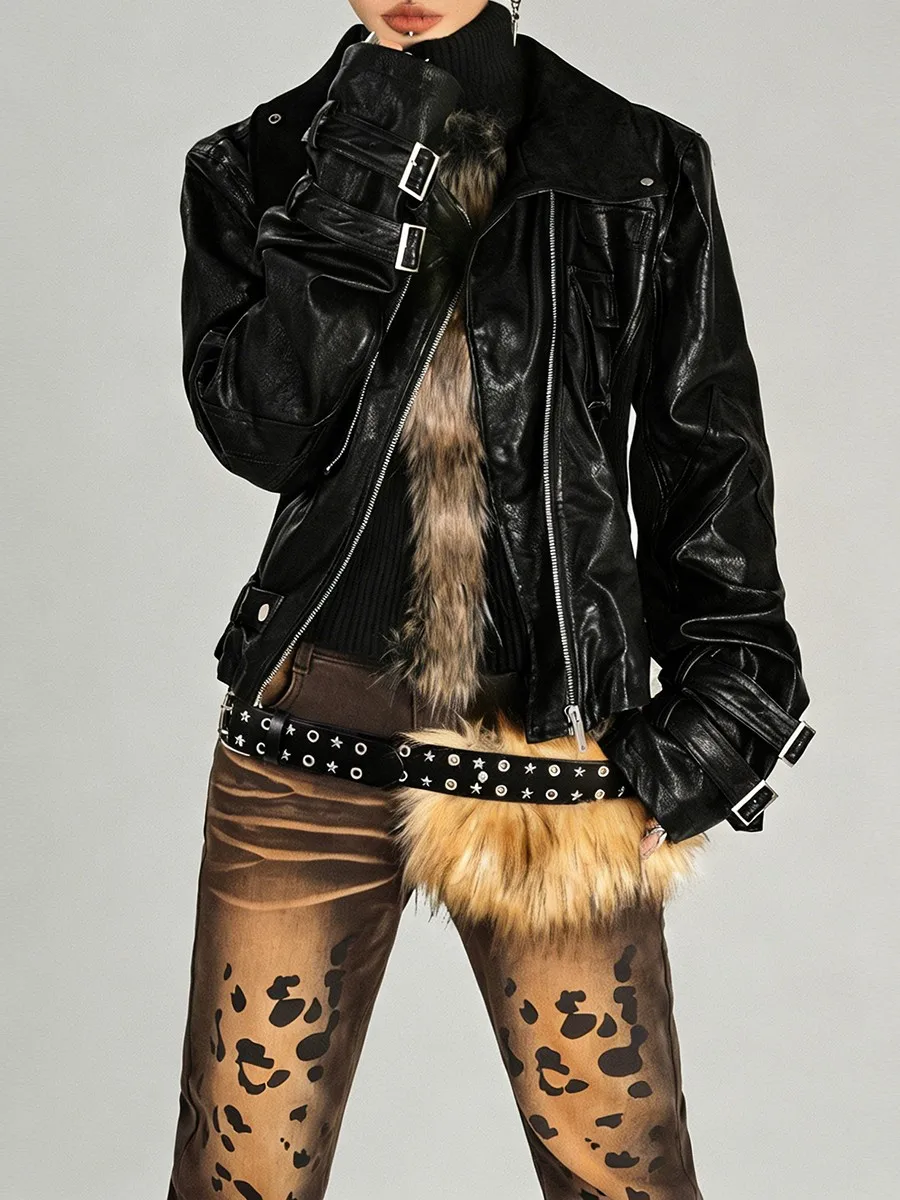 TWOTWINSTYLE الصلبة تقسم سستة موضة سترات جلدية للنساء عالية الرقبة طويلة الأكمام المرقعة جيب سترة الإناث جديد