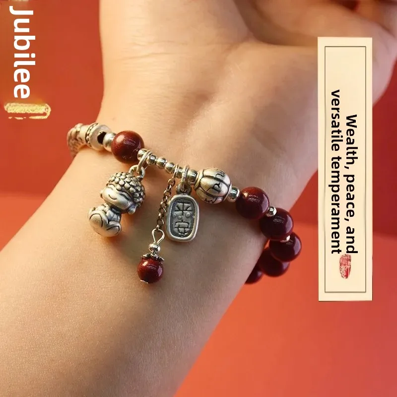 2026 New 925 Sterling Silver Wheat Ear Little Buddha Bracelet for Men Women Minimalist Stylish Peace Joy Cinnabar Beaded Bracele