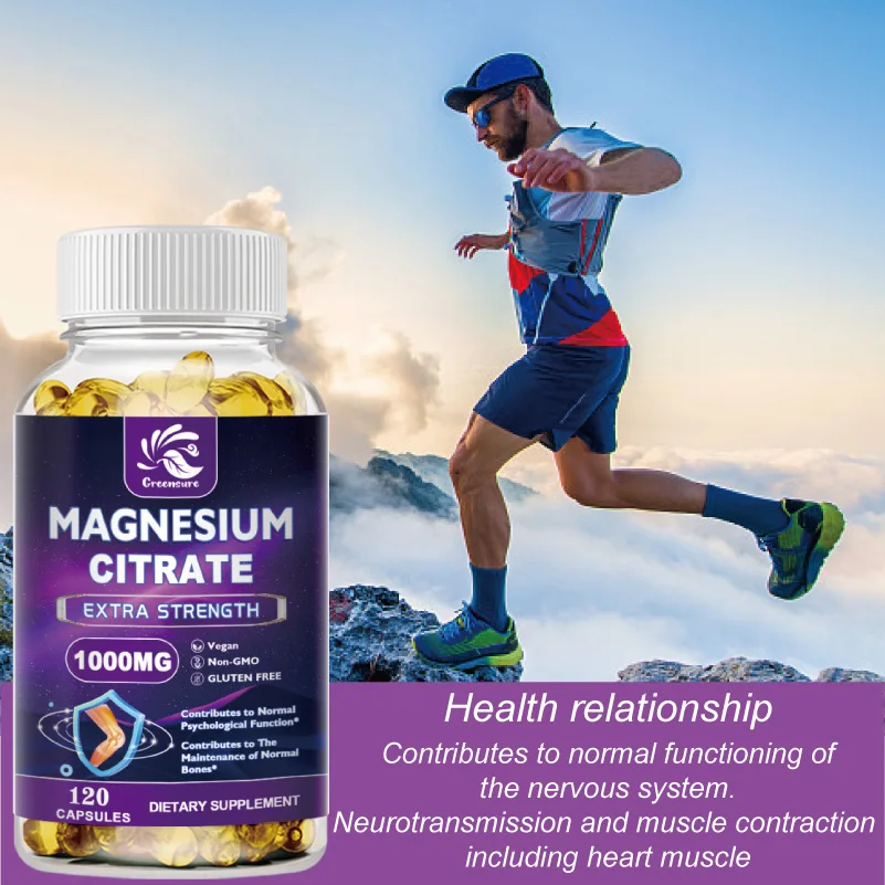 Greensure High Absorption Magnesium Citrate Capsules 1000 Mg Citric Acid Complex for Muscle, Nerve, Bone and Heart Support