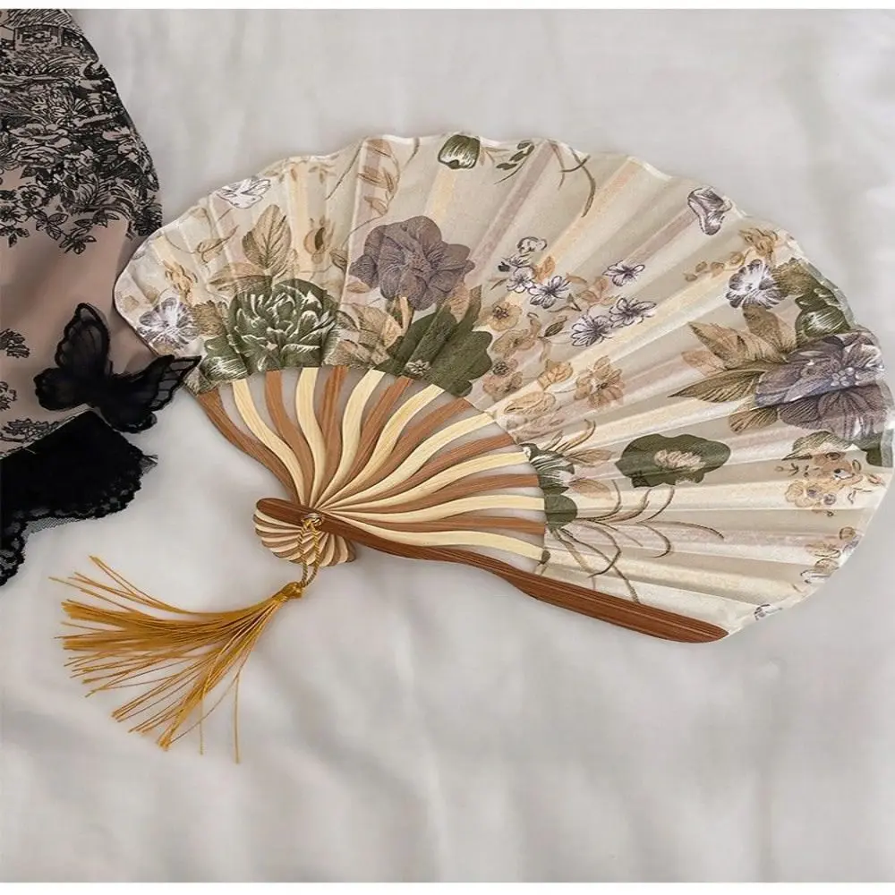 Bamboo Ancient Hand Fan Silk Tassel Elegent Vintage Folding Fan Hand Fan Colorful Shank Classical Dance Fan Hand Fan