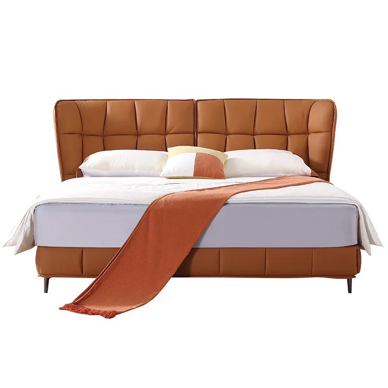 

Italian minimalist solid wood high end leather bed first layer cowhide double bed