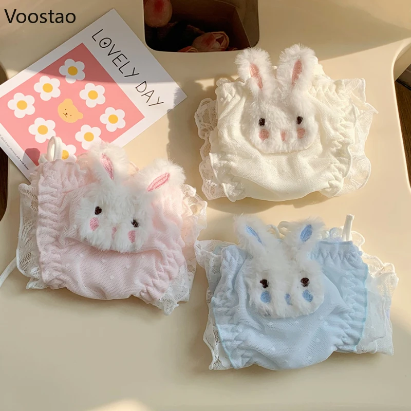 Japanese Cute Plush Bunny Lolita Cartoon Girl Underwear Sweet Underpants Lace Bandage Kawaii Briefs Female Chic Lingerie Panties