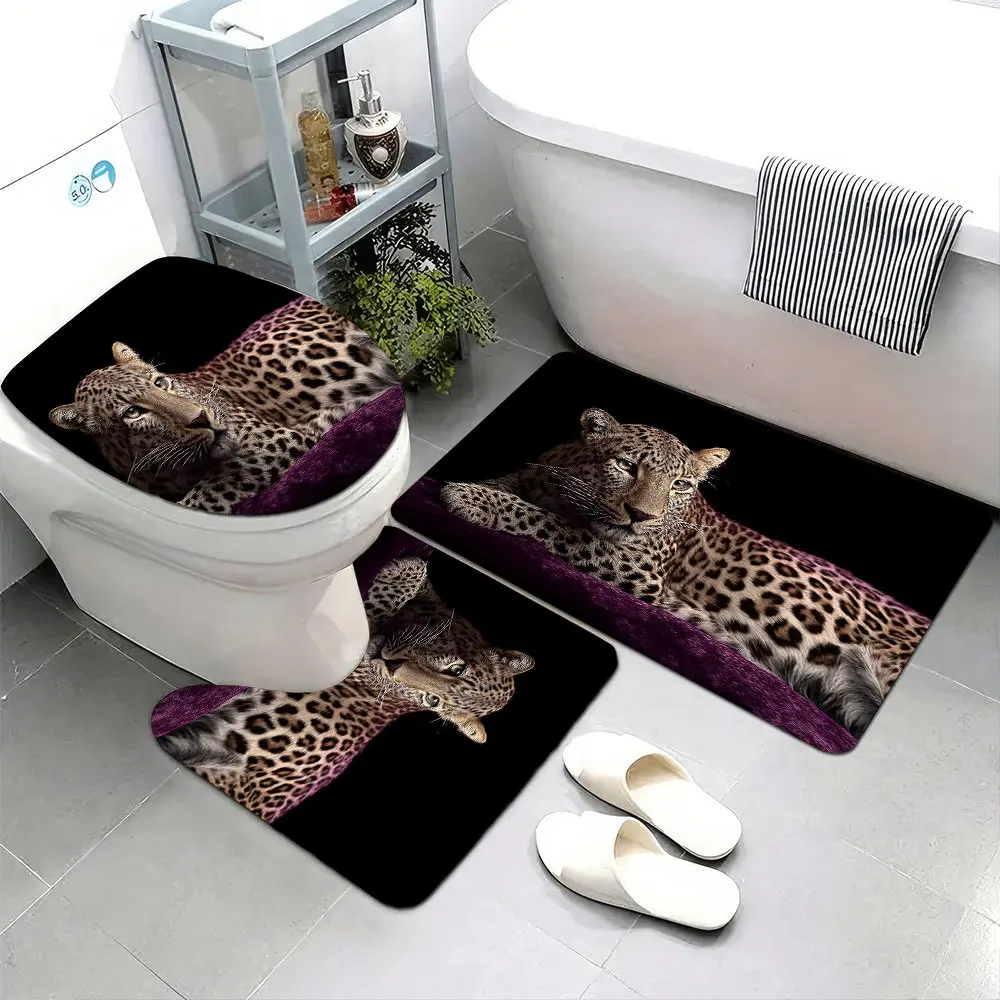 

Set of 3 Ultra-Soft Bathroom Floor Mats with Non-Slip Backing, Featuring a Leopard Resting on Purple Velvet with a Black Backdro