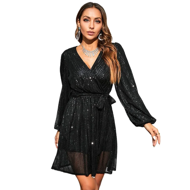 

Sequined V-neck Long Sleeves Short Dress