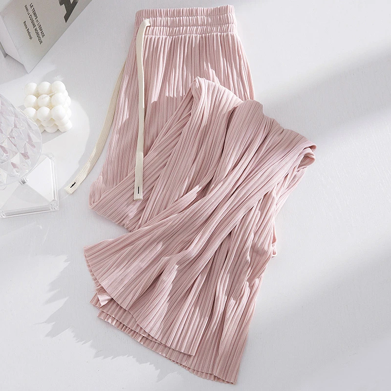 

Summer Ice Silk Wide Leg Pants for Women Baggy Casual Elastic High Waist Drawstring Pants Elegant Fashion Loose Basic Trousers