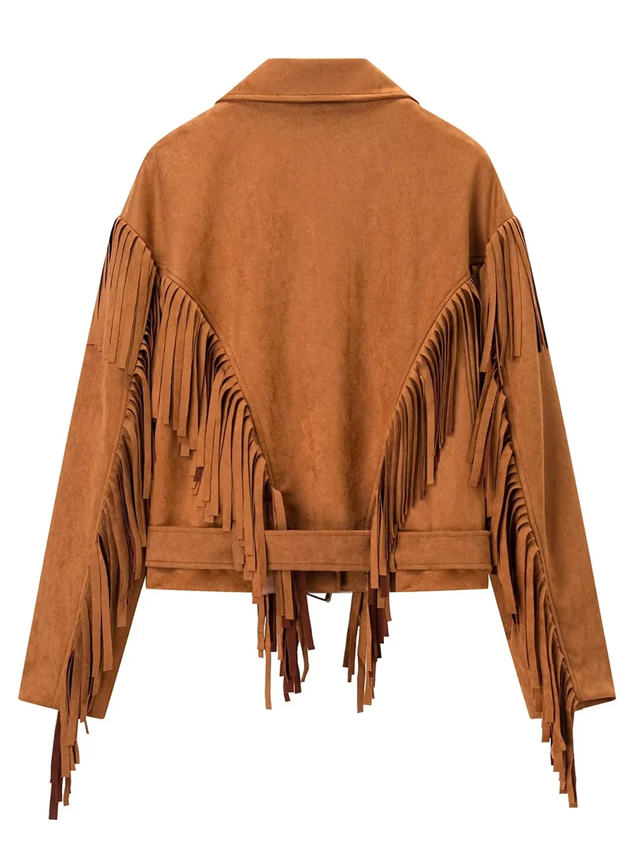 TWOTWINSTYLE Jednolita Kurtka w Stylu Vintage z Wstawkami i Szarfami dla Kobiet, Klapy, Długi Rękaw, Patchwork, Frędzle, Luźny, Modny Płaszcz Damski, Nowość