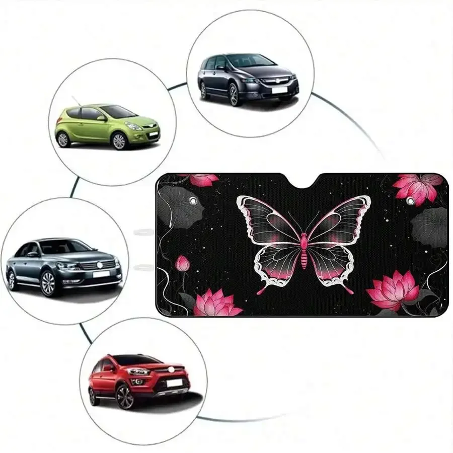 

Universal Car Windshield Sunshade Black Pink Butterfly Lotus Pattern Polyester Fiber