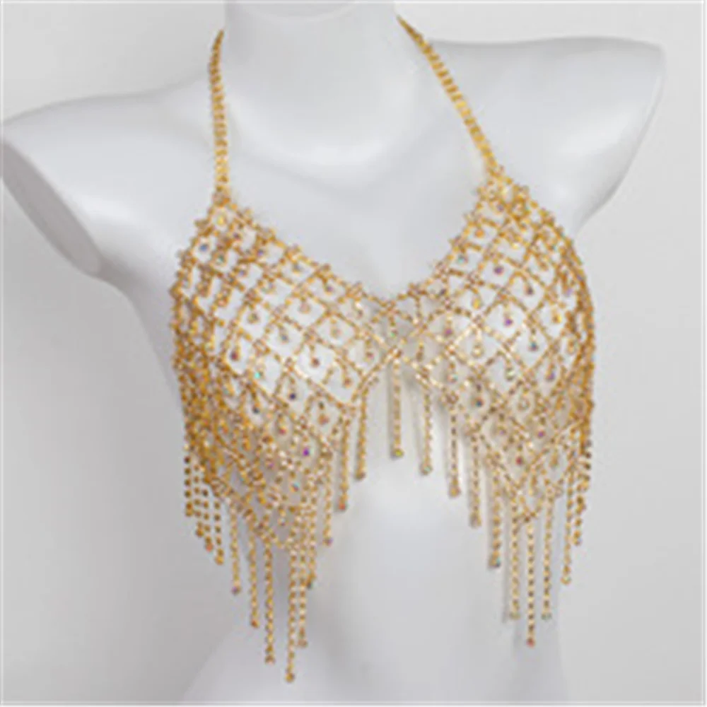 

Fashion Bikini Sparkling Diamond Tassel Chest Chain AB Color Ultrasound Luxury Rhinestone Bra Body Chain BD-91652