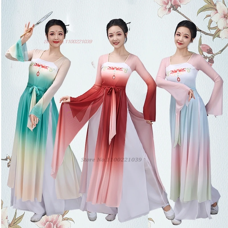 

2025 chinese vintage dance costume gradient color chiffon ruqun dress+pants traditional stage performance practice dance dress
