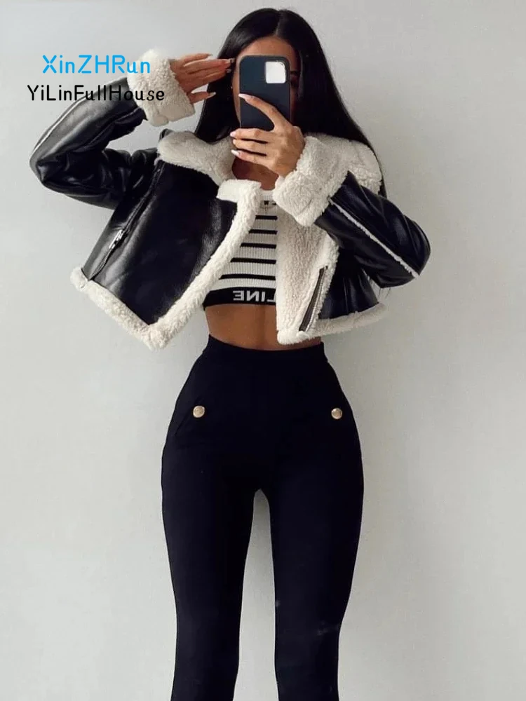 Autumn Winter New Women's Fashion Retro Zipper Collar Fleece Artificial Leather Jacket Fur Integrated Double Sided Short Jacket