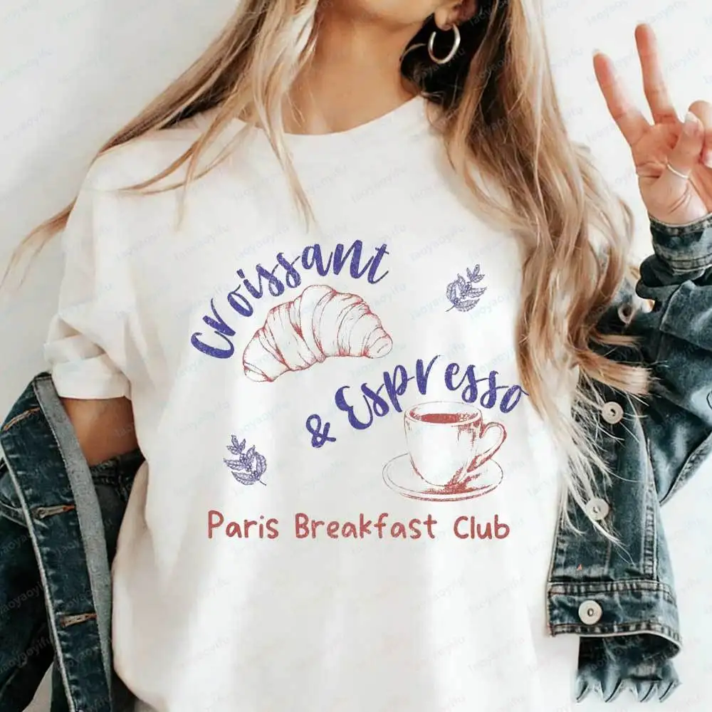 Camiseta Paris Breakfast Club, Croissant, Espresso, Café, Algodón, Estética Gastronómica, Tops Franceses, Regalo para Amantes del Café y la Comida