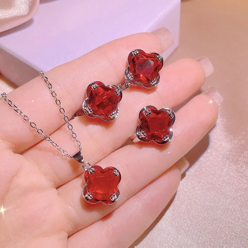 Exquisite silver 925 classic inlaid red gemstone flowers Jewelry sets Luxury Three Piece Earrings for Women Ring Necklace