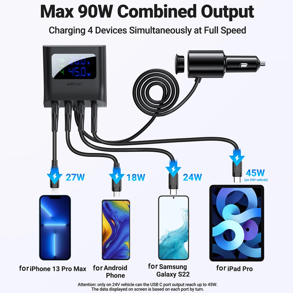 ACEFAST 4 Port USB Car Charger Cigarette Lighter Socket Splitters PD QC3.0 90W LED Display Voltmeter Dock Fast Charging Station