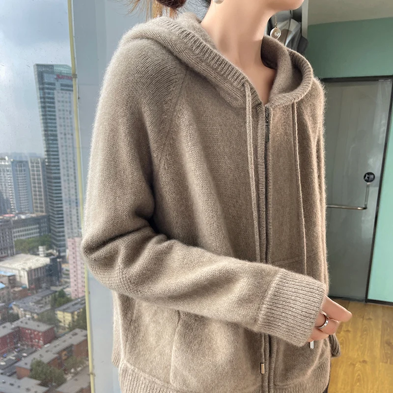 Cashmere Sweater Autumn Winter 100% Pure Wool Sweater Women\'s Hooded Collar Knitted Cardigan Fashion Korean Larg Size Thick Coat