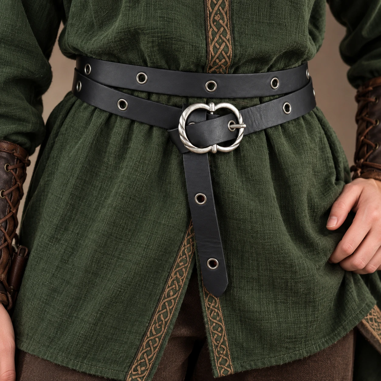 Vintage PU Leather Double Waist Belt for Women, Brown Medieval Long Tail Belt with Antique Brass Ring Buckle, Renaissance Viking