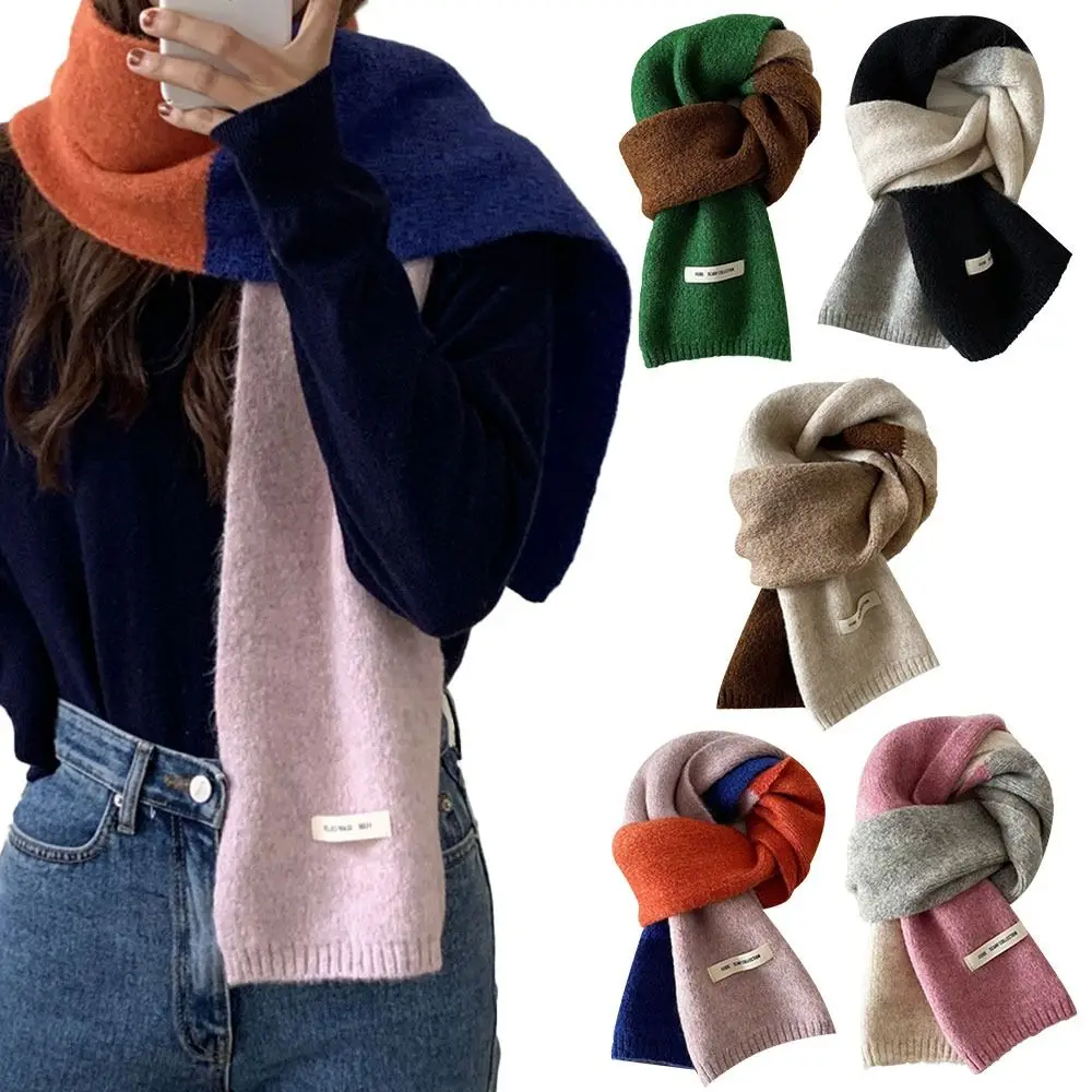 

Woman Keep Warm Large Wool Solid Color Autumn Winter Splicing Bib Elastic Knitting Color Contrast Scarf Long Shawl