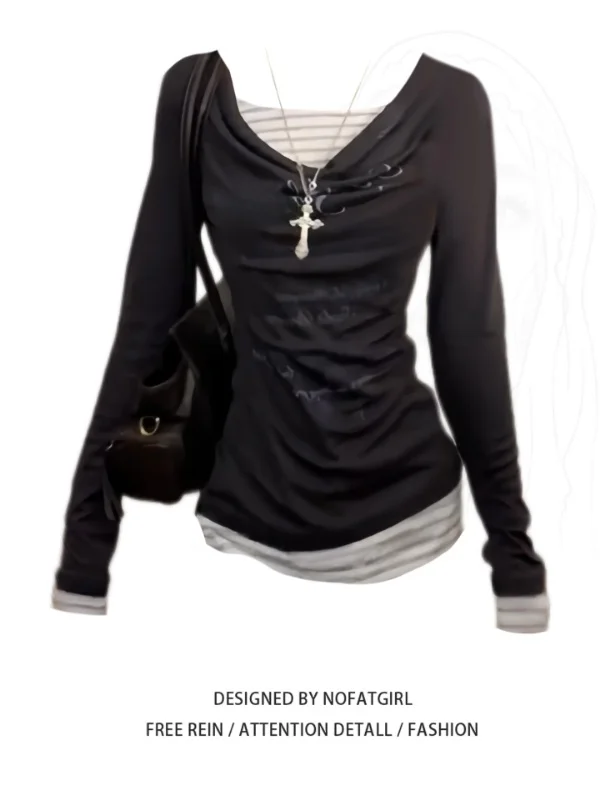 plus Size Retro American Splice Long Sve T-irt Women Early Autumn Slimming Sli Top Korean Sle Commute Faion