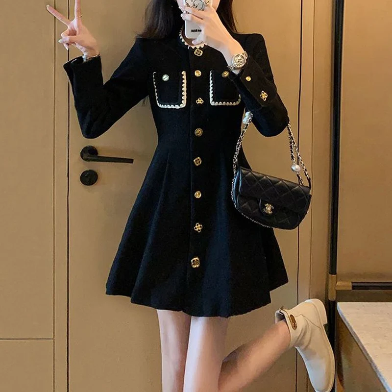 Spring Autumn New Round Neck Long Sleeve Fashion Mini Dress Women High Street Button Patchwork Vestidos Elegant All-match Dresse