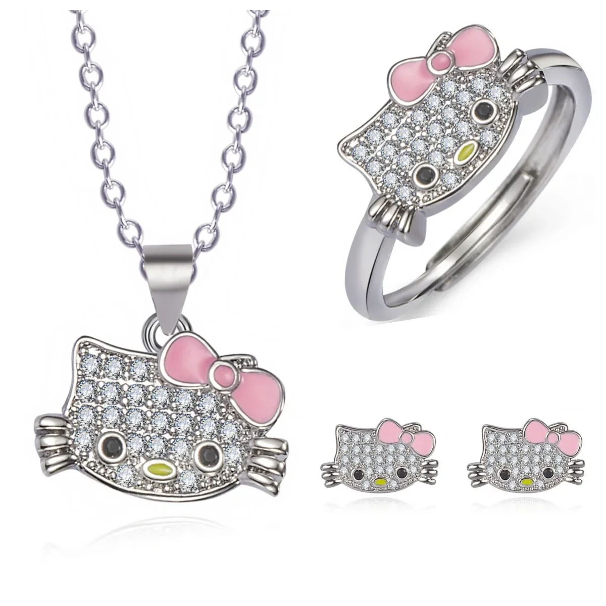 Kawaii Hello Kitty Rings Anime Sanrio Diamond Cat Necklace Stud Earrings Adjustable Rings Couple Jewelry Girls Holiday Gifts