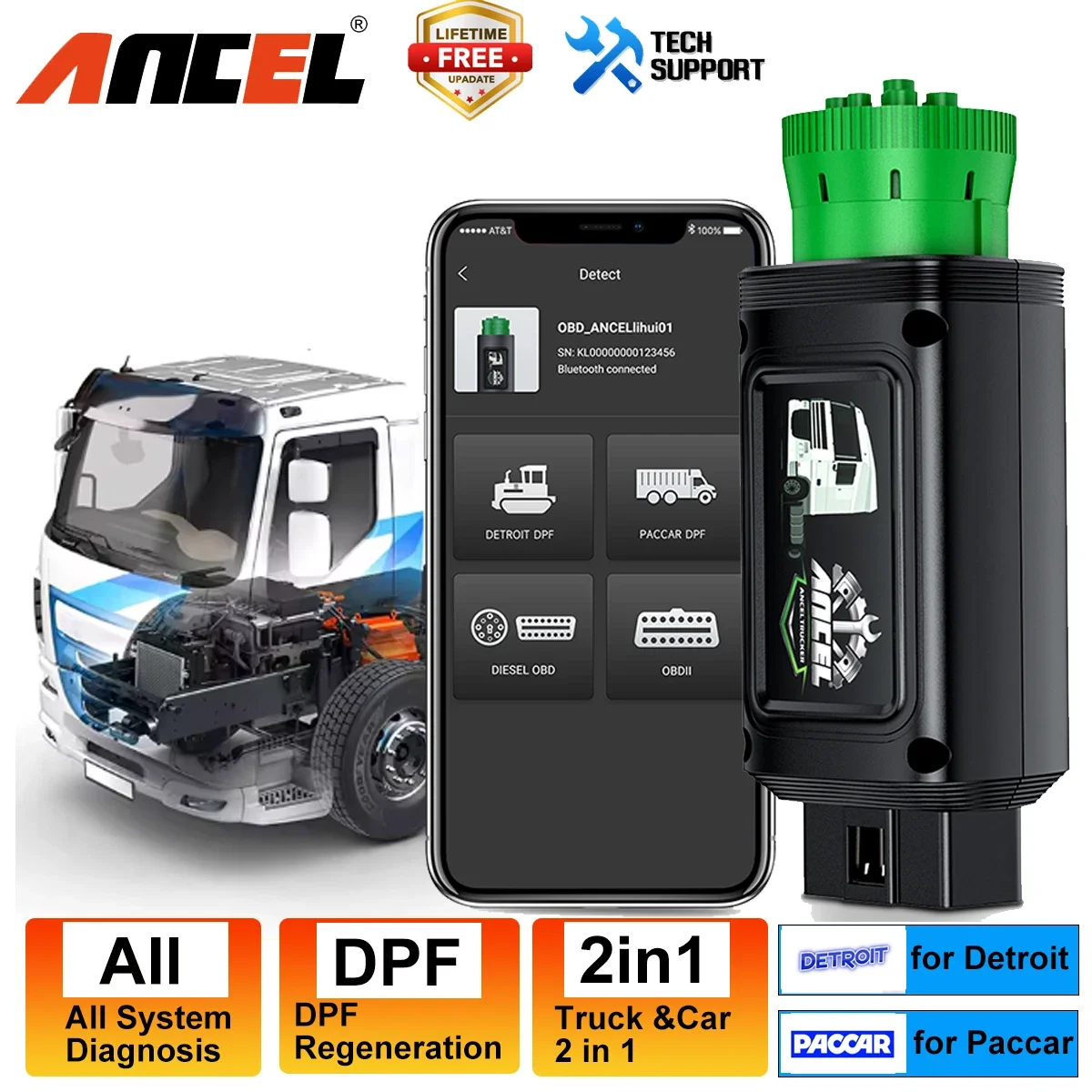 Bluetooth Diesel Heavy Duty Truck Scanner 9/12 Pin ANCEL HD110 All System DPF Regen for Detroit Paccar Diagnostic Scan Tool