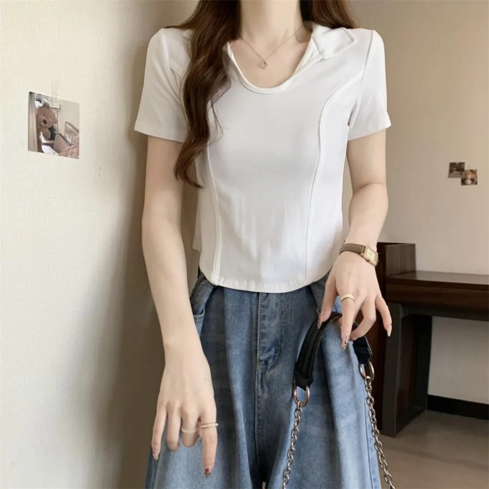 موضة الخامس الرقبة قصيرة الأكمام تي شيرت سليم صالح كل مباراة Y2k المحاصيل القمم المرأة عظم السمك البلوز الرقبة البلوزات الإناث #1
