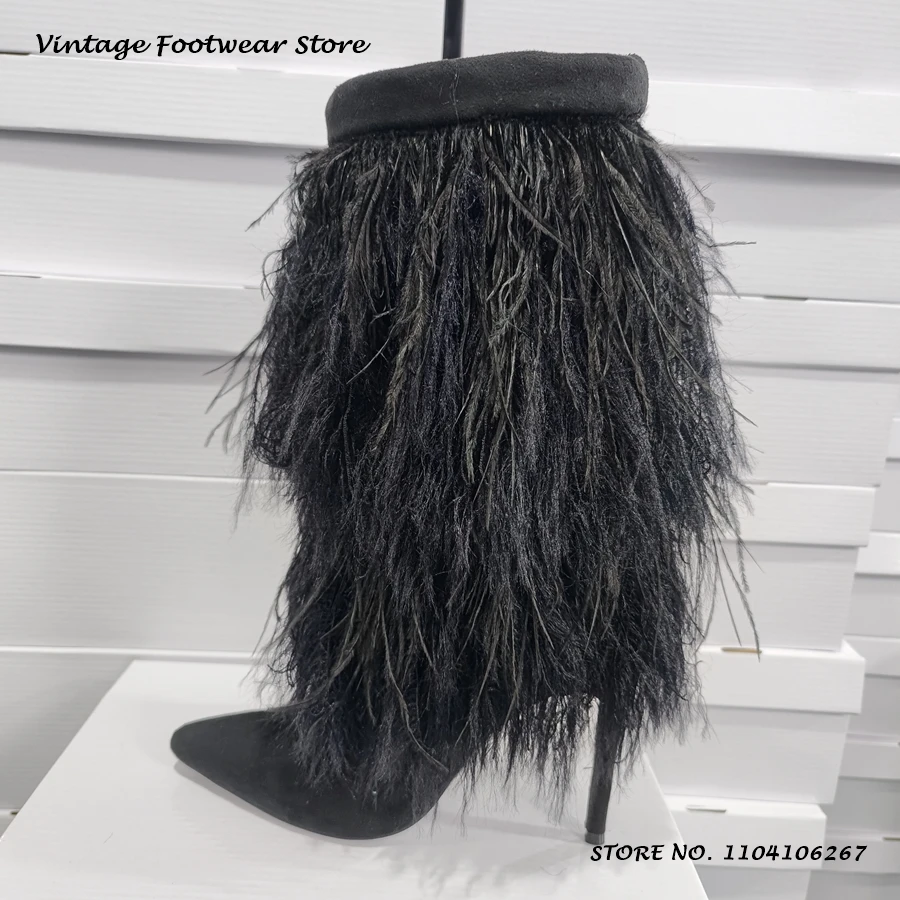 

Черные пушистые меховые полусапоги с острым носком на тонком каблуке, большие размеры, женские осенне-зимние уличные сапоги-стилеты