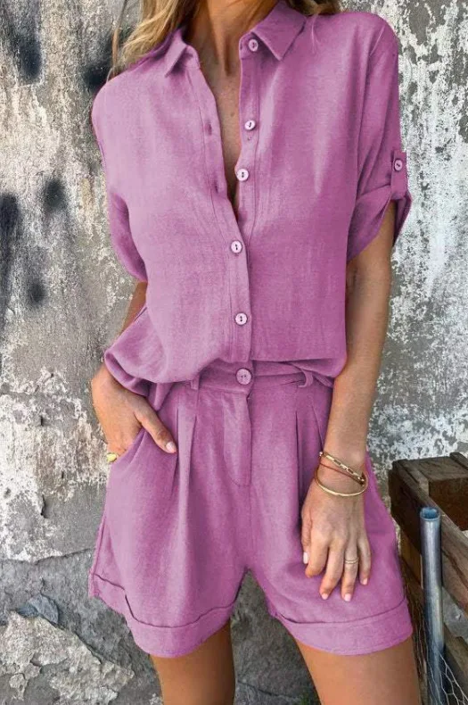 Casual Commuter 2 Piece Set Loose Lapel Half Sleeved Single Breasted Shirt High Waist Shorts Set Summer Fashion Solid Color Suit