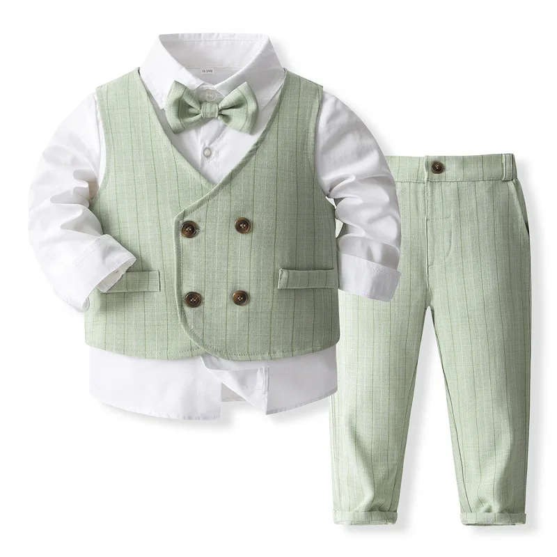 4Piece Sets Spring Toddler Boys Clothes Korean Fashion Gentleman Suit Cotton Tops+Vest+Pants+Tie Baby Boutique Clothing BC763