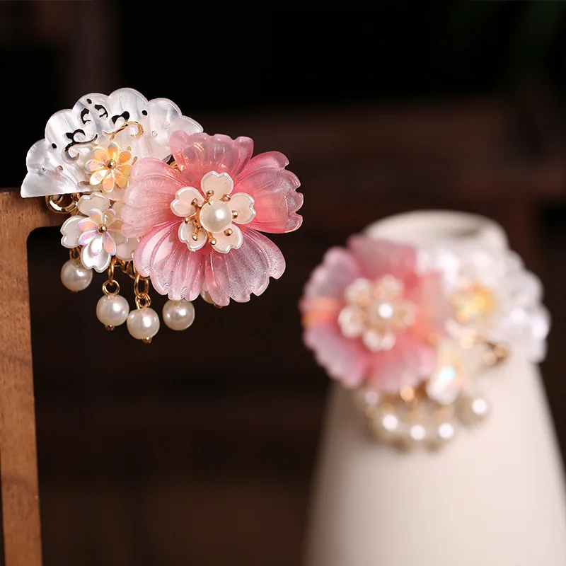 Fairy Flower Hair Clips 2pcs Pearl Pendant Hairpin Chinese Hanfu Hair Accessories Children Step Shake Barrettes Retro Jewelry