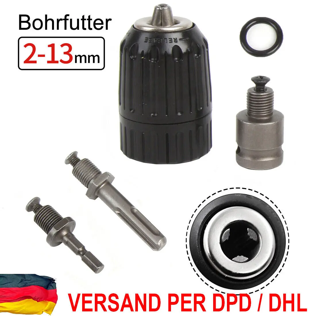 4XSchnellspannbohrfutter mit SDS Plus Adapter 2-13mm Schnellspann Bohrfutter Set