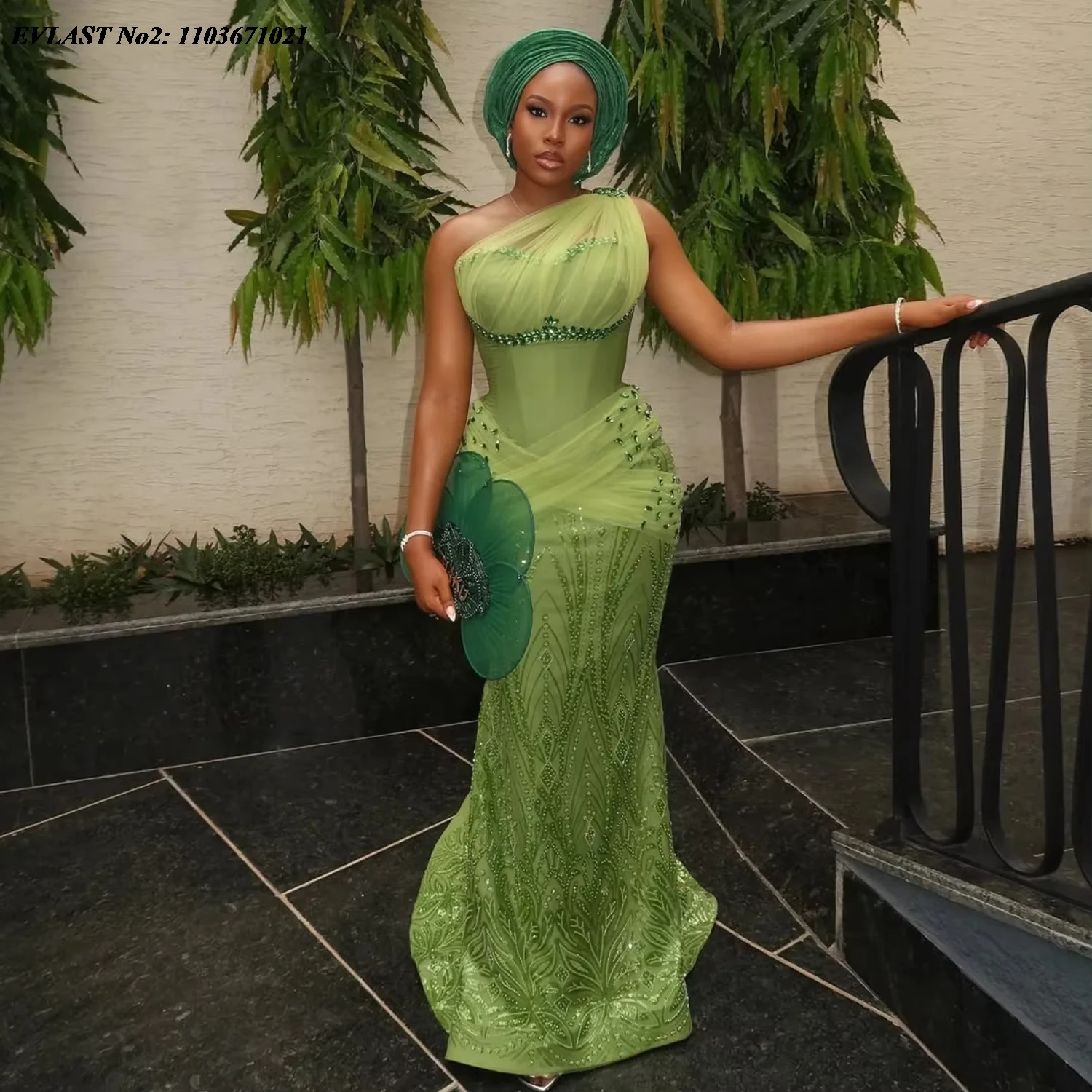 

EVLAST Customized Nigerian Green One Shoulder Mermaid Prom Dress African Evening Party Gown Beaded Lace Robe De Soiree SP213